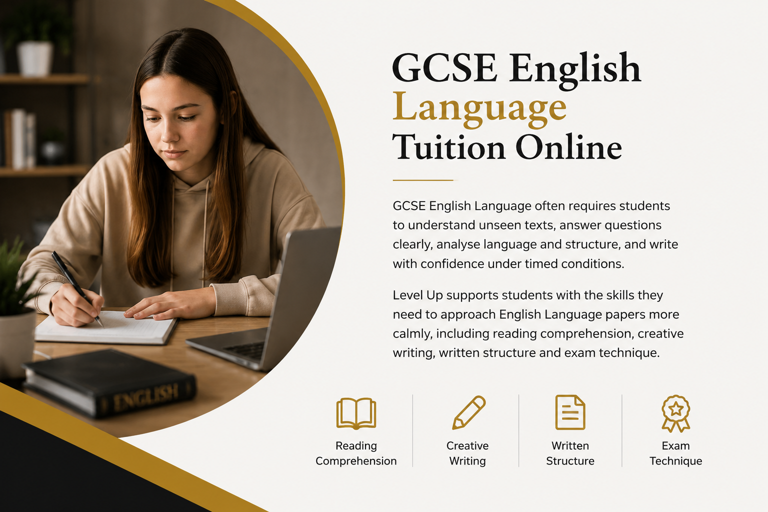 GCSE English Language tuition online with Level Up support for reading comprehension, creative writing and exam technique