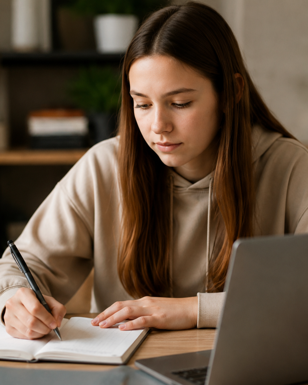 Girl studying for GCSE English online with notebook and laptop