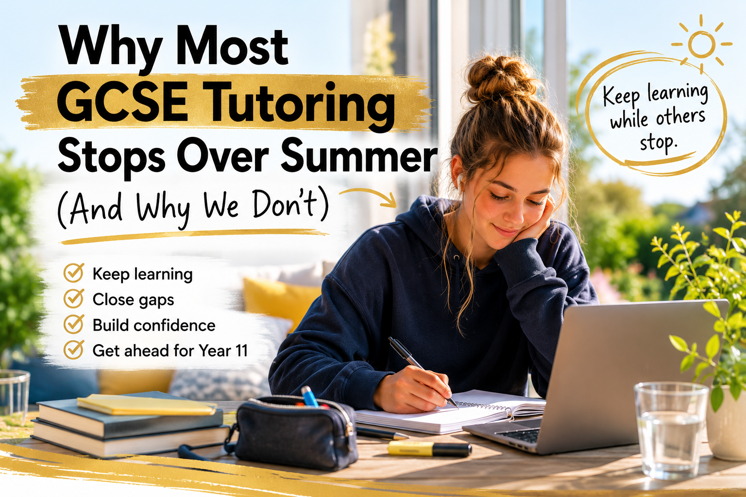 Why Most GCSE Tutoring Stops Over Summer (And Why We Don’t) Student studying for GCSEs during the summer holidays while Level-Up Online Tutoring continues live lessons and support.