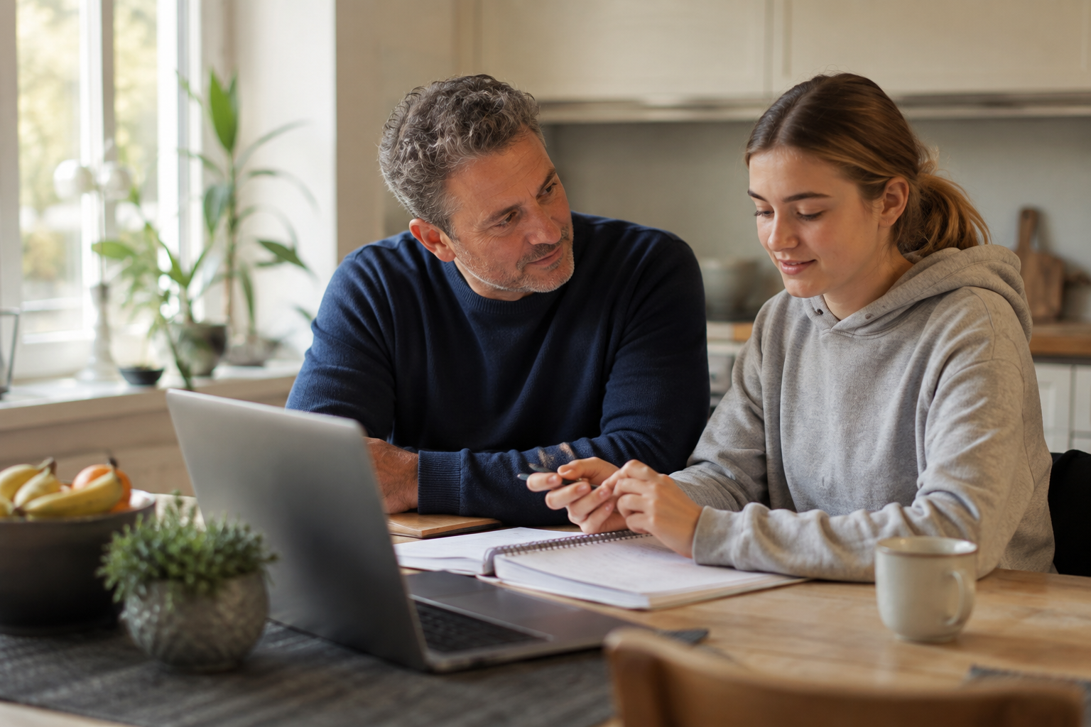 Parent supporting a teenage student with GCSE revision at home