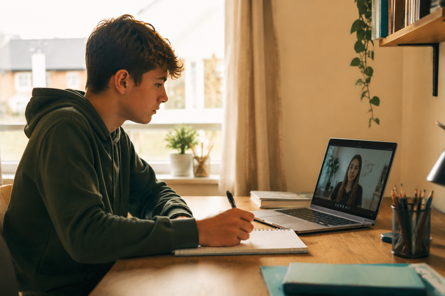 Teenage student taking part in supportive online GCSE tuition from home