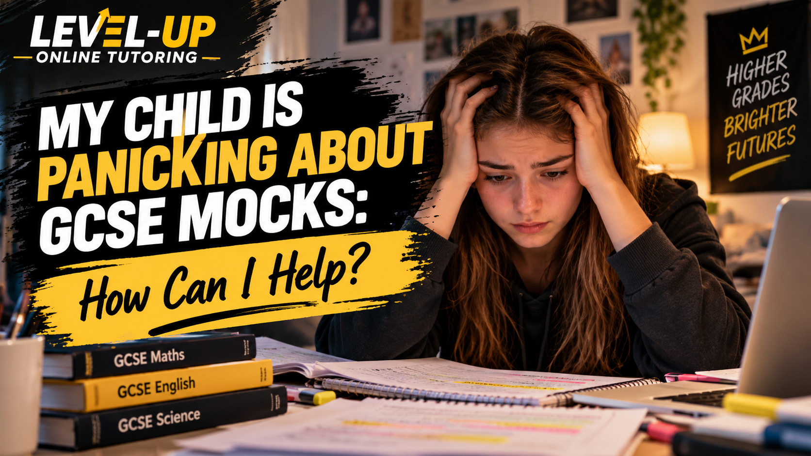 An overwhelmed Year 11 student revising at her desk, illustrating GCSE mock exam anxiety and how parents can help.