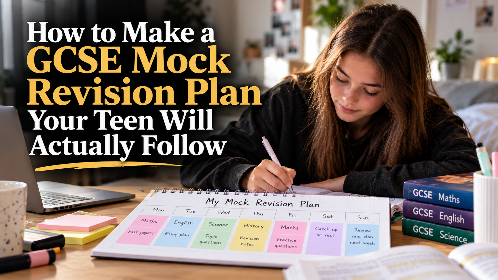 Year 11 student creating a GCSE mock revision plan at home using a weekly study timetable